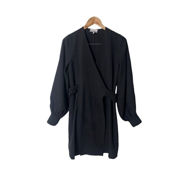 GANNI Mini Wrap Dress Black Buttoned Cuffs V-Neck 36 1040 - Picture 4 of 8